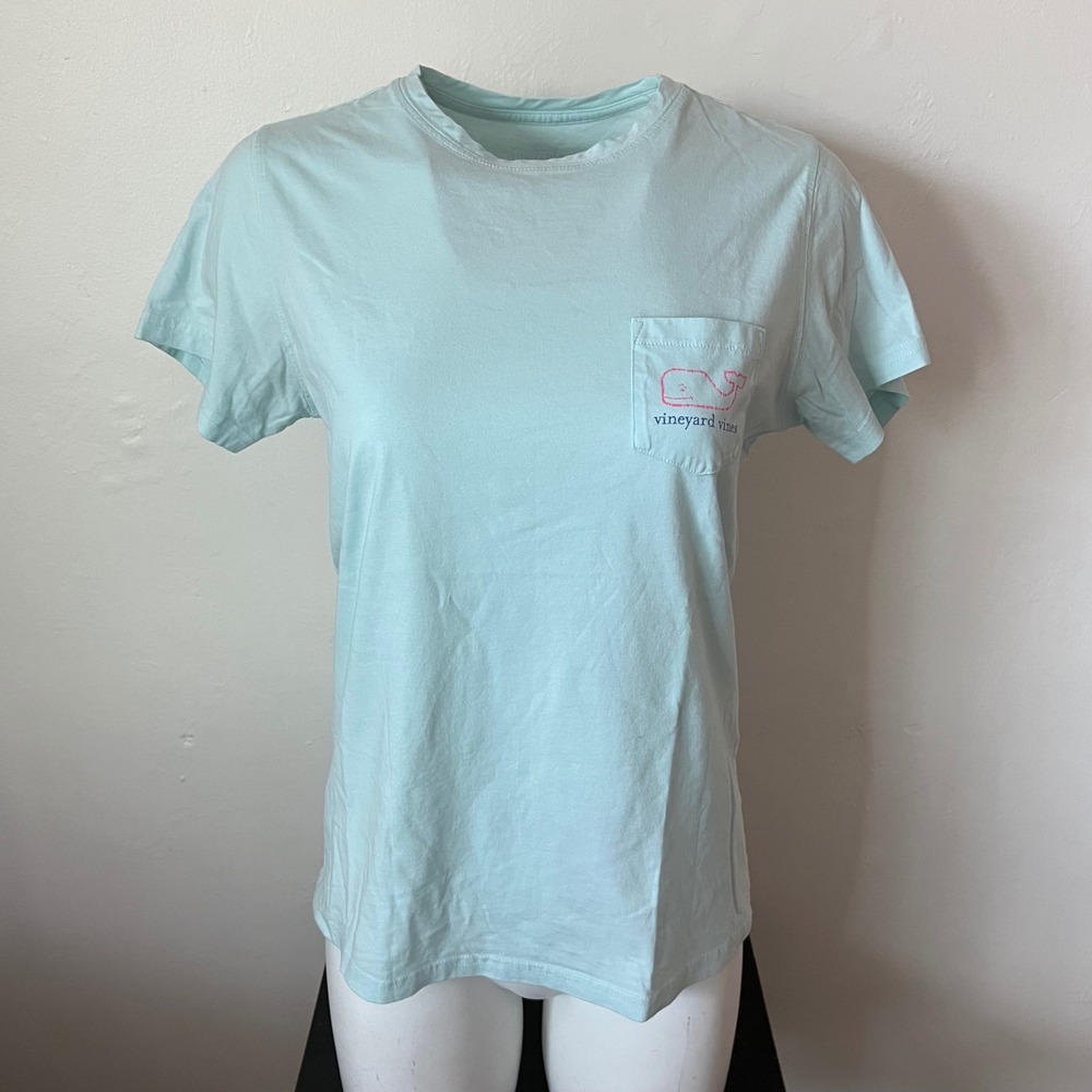 Vineyard Vines Womens Small Light Blue Pink Whale Logo Pocket T-Shirt